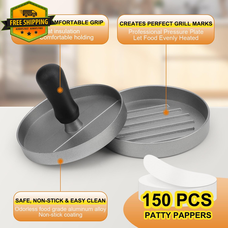 Burger Press With 150 Patty Papers Non Stick Aluminum Hamburger Maker BBQ Tool gallery