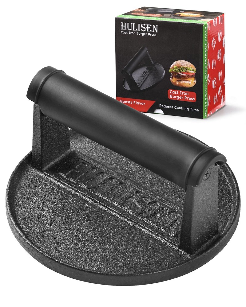 PreSeasoned Cast Iron Burger Press, Heavy Duty 6" Burger Smasher for