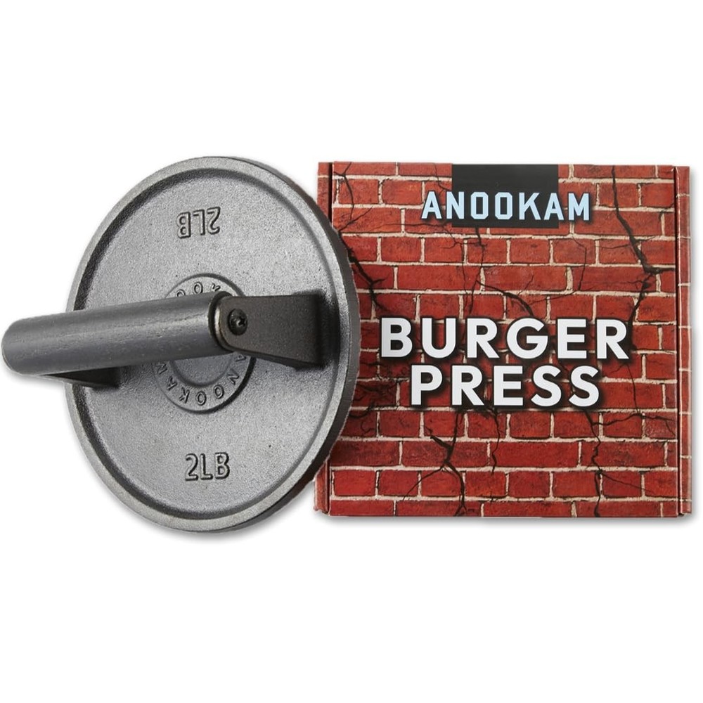 Barbell Plate Design Cast Iron Burger Press 6.5"Round Heavy-Duty Smash