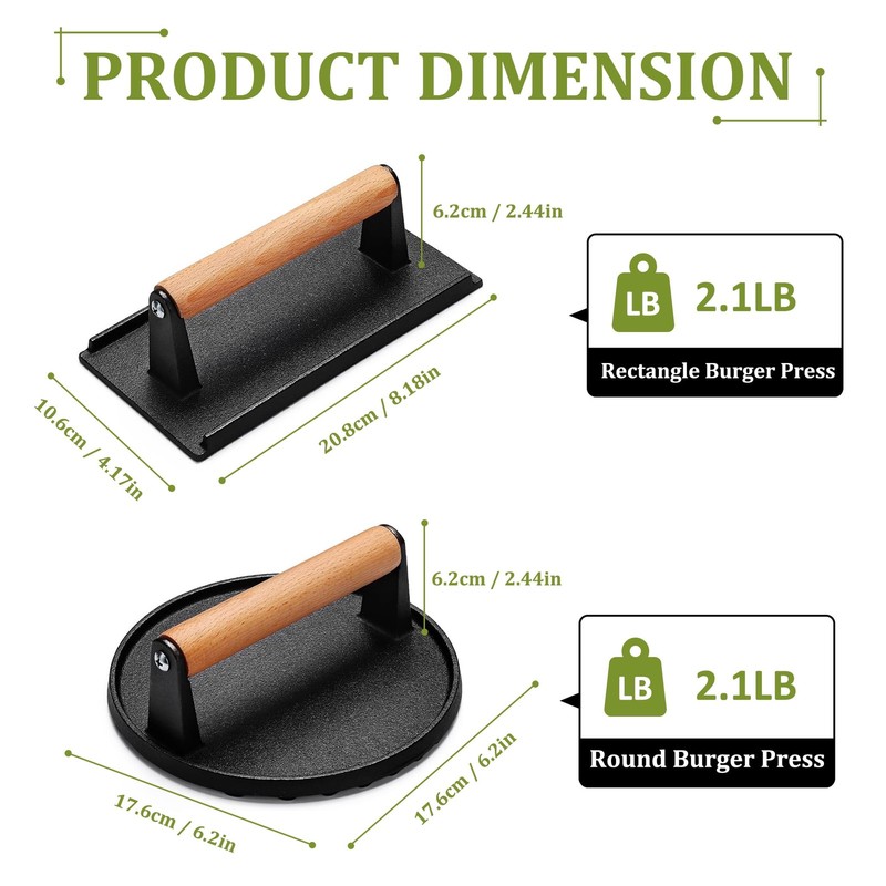 Burger Press Set: 7" Round & 8"x4" Cast Iron Grill Press with Wood Handle gallery