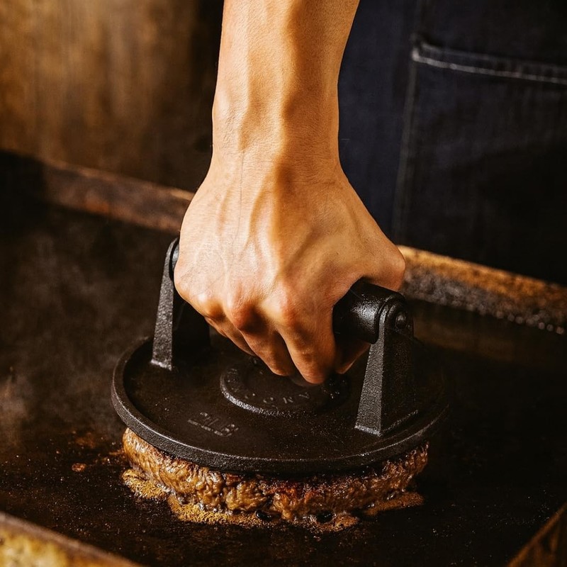Barbell Plate Design Cast Iron Burger Press 6.5"Round Heavy-Duty Smash gallery