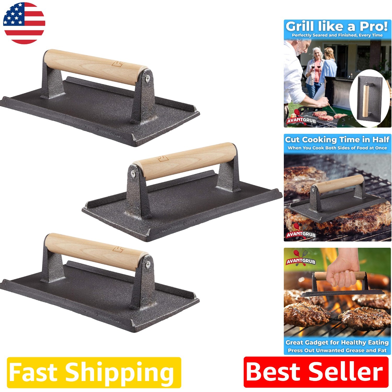 Pro Grade 3Pk Cast Iron Steak Press, Heavy Duty, Wooden Handle, Grill Gadget gallery