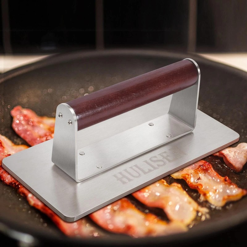 Stainless Steel Bacon Press 9 Inch Large Heavy Duty Burger Press With Wood Handl gallery
