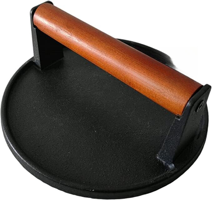 7.08” Round and 8.3 ‘X4.3’ Cast Iron Ground Meat Steak Maker with Wooden Handle gallery