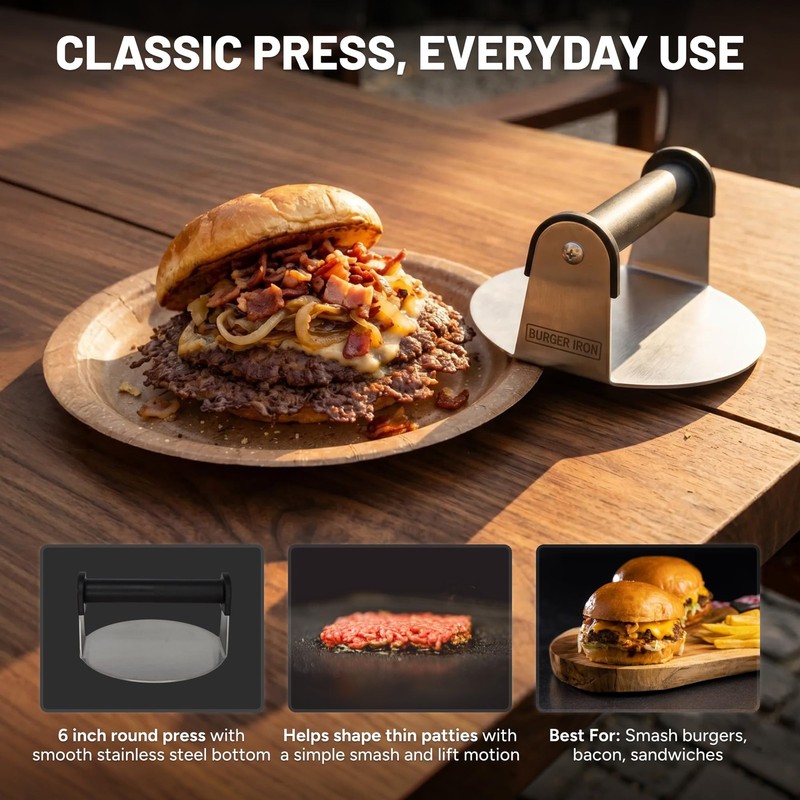 Sasquash Smash Burger Press, Heavy Duty Welded Meat Press Round, 6 Inch Stain... gallery