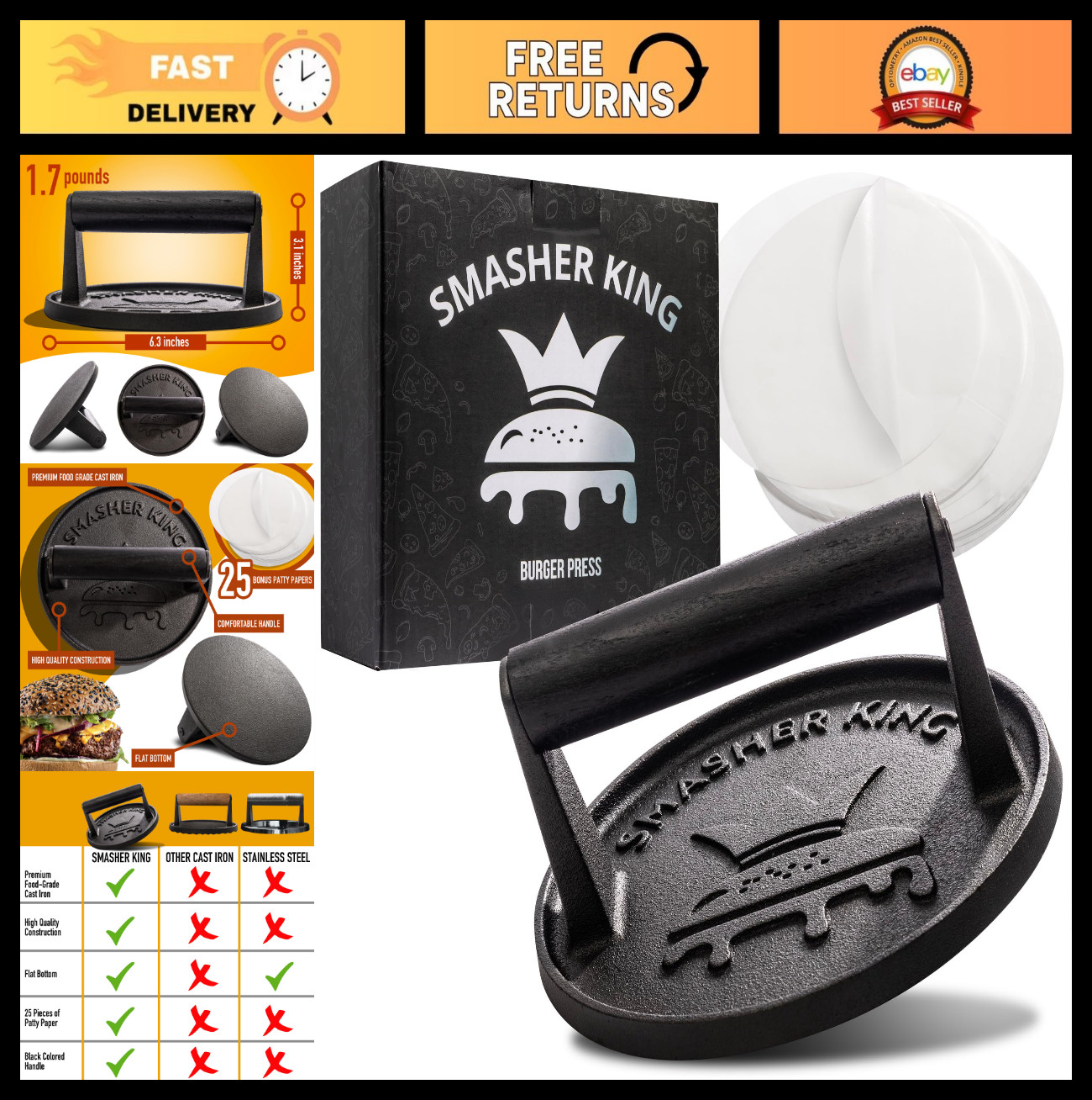 Premium Cast Iron Burger Press with 25 Patty Papers, Griddle Smasher Tool, Black gallery