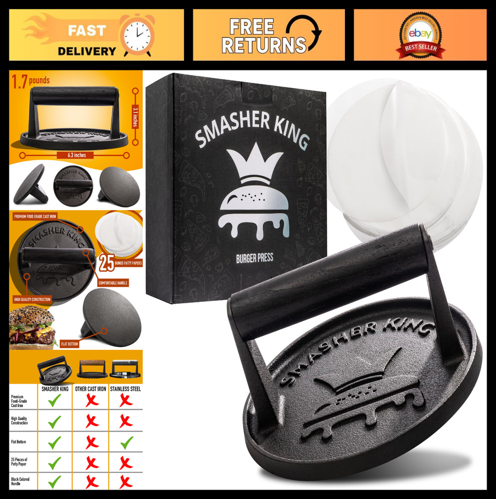 Premium Cast Iron Burger Press with 25 Patty Papers, Griddle Smasher Tool, Black