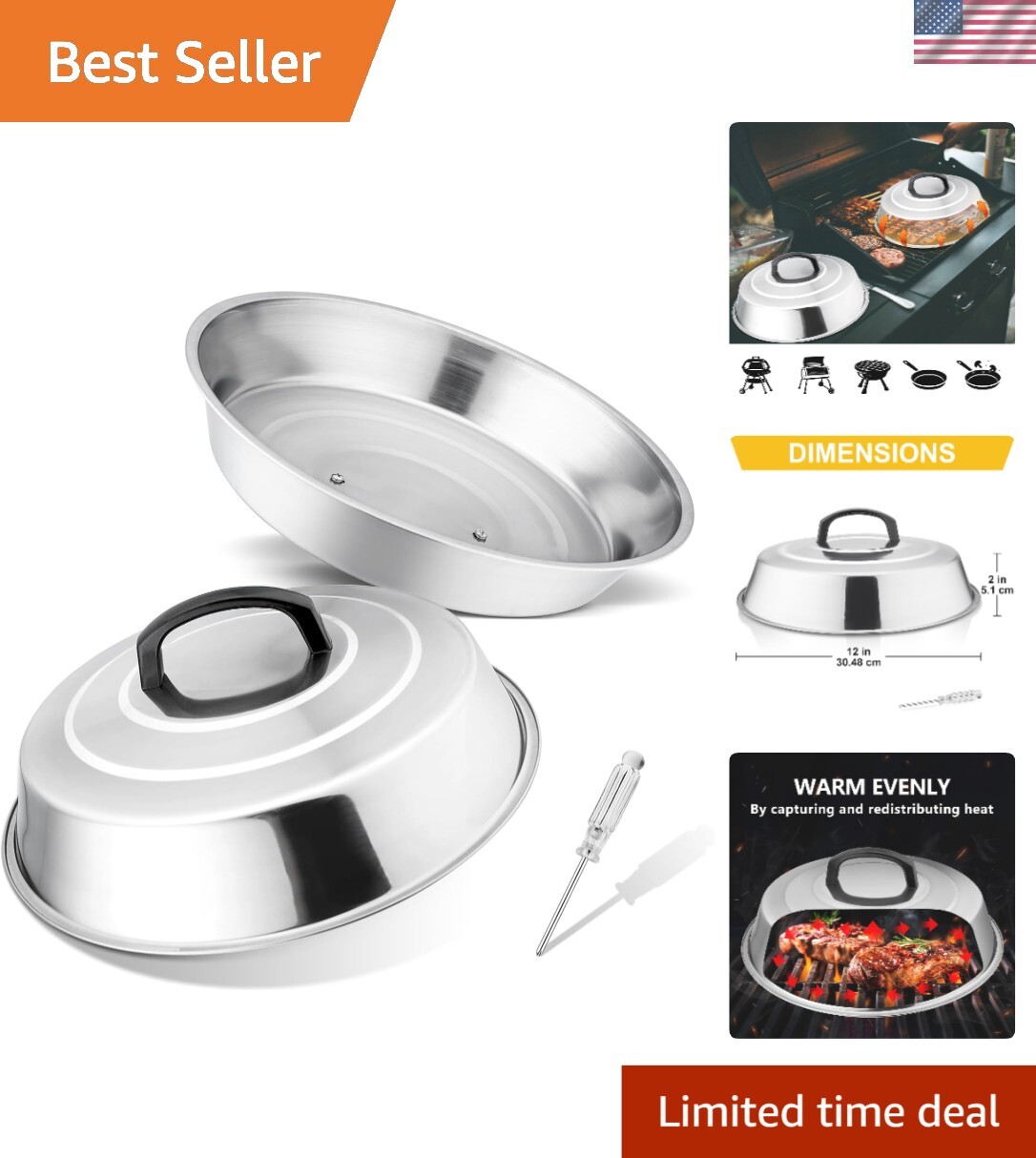 Set of 2 Cheese Melting Domes - 12-Inch Stainless Steel BBQ Steam Covers gallery