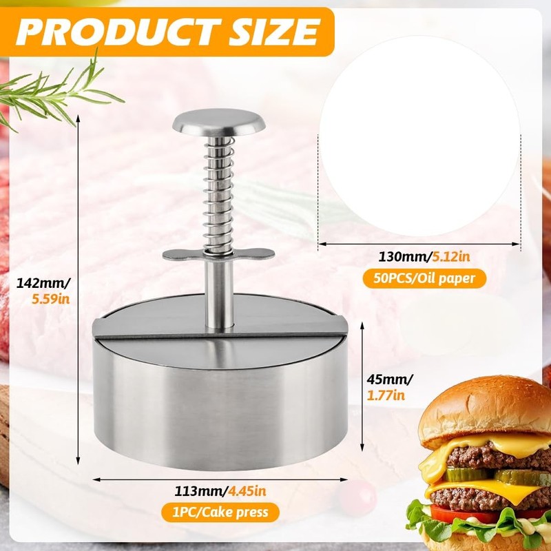 4.5 In 304 Stainless Steel Adjustable Burger Press Patty Maker 50 Papers Mold gallery