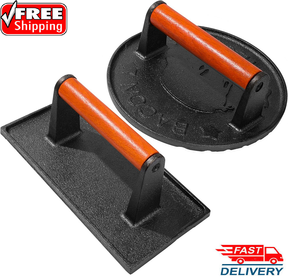 Cast Iron Bacon Press for Griddle - Heavy Duty Smash Burger Press with wood hand