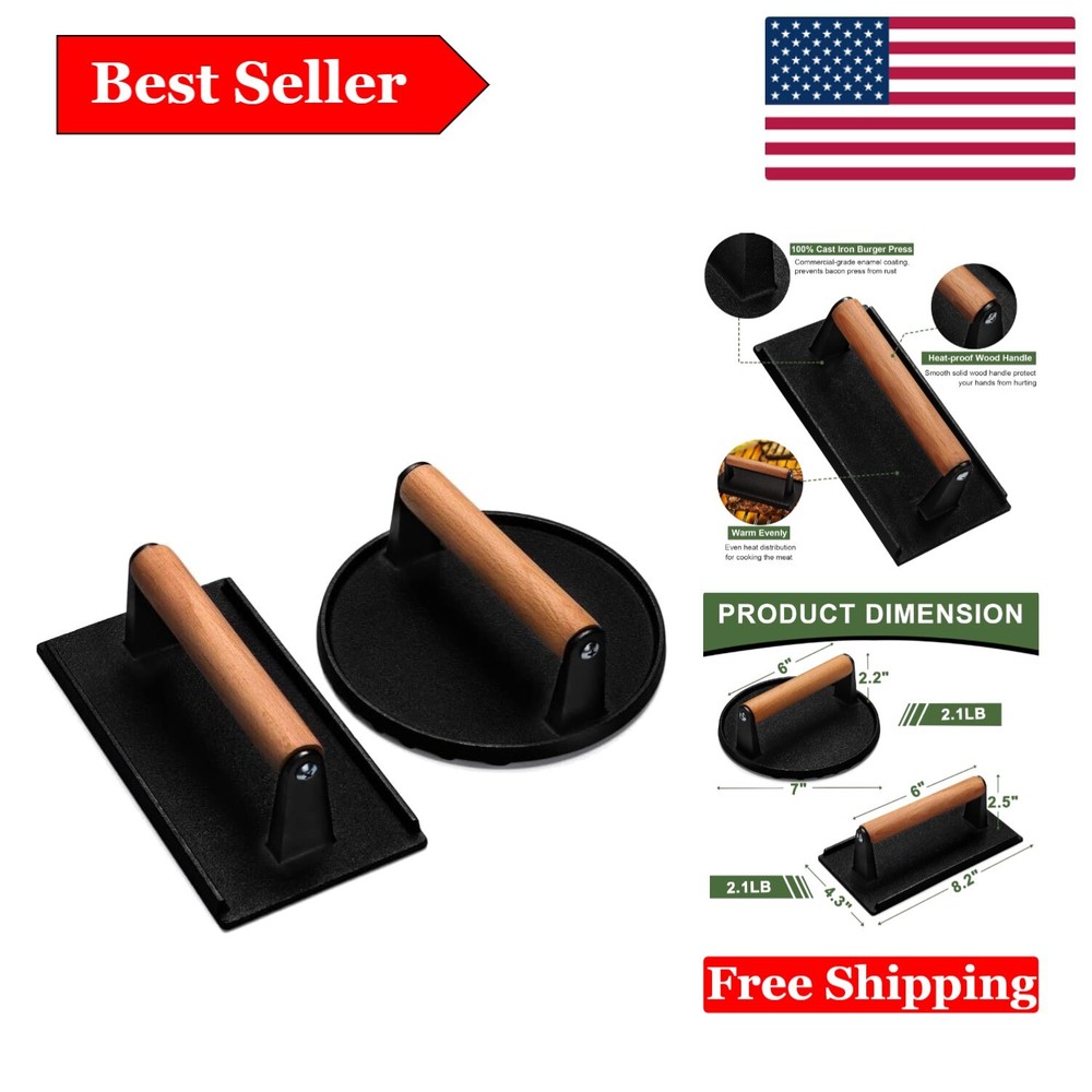 Professional Heavy-Duty Burger Press - 7" Round, Nonstick with Wood Handle