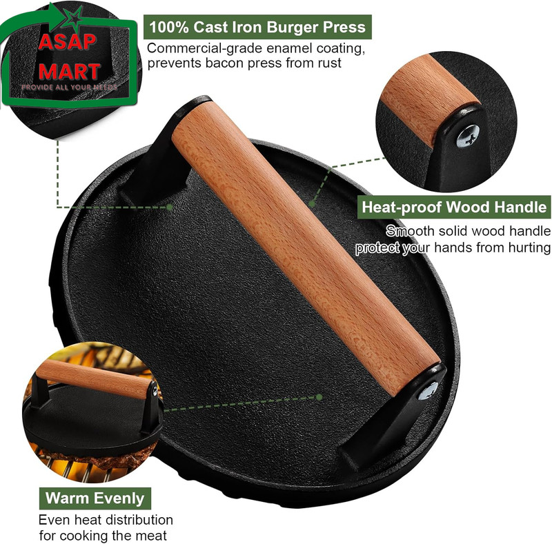 EWFEN Burger Press, 7" round Heavy-Duty Cast Iron Smash Bacon Press Meat Steak w gallery
