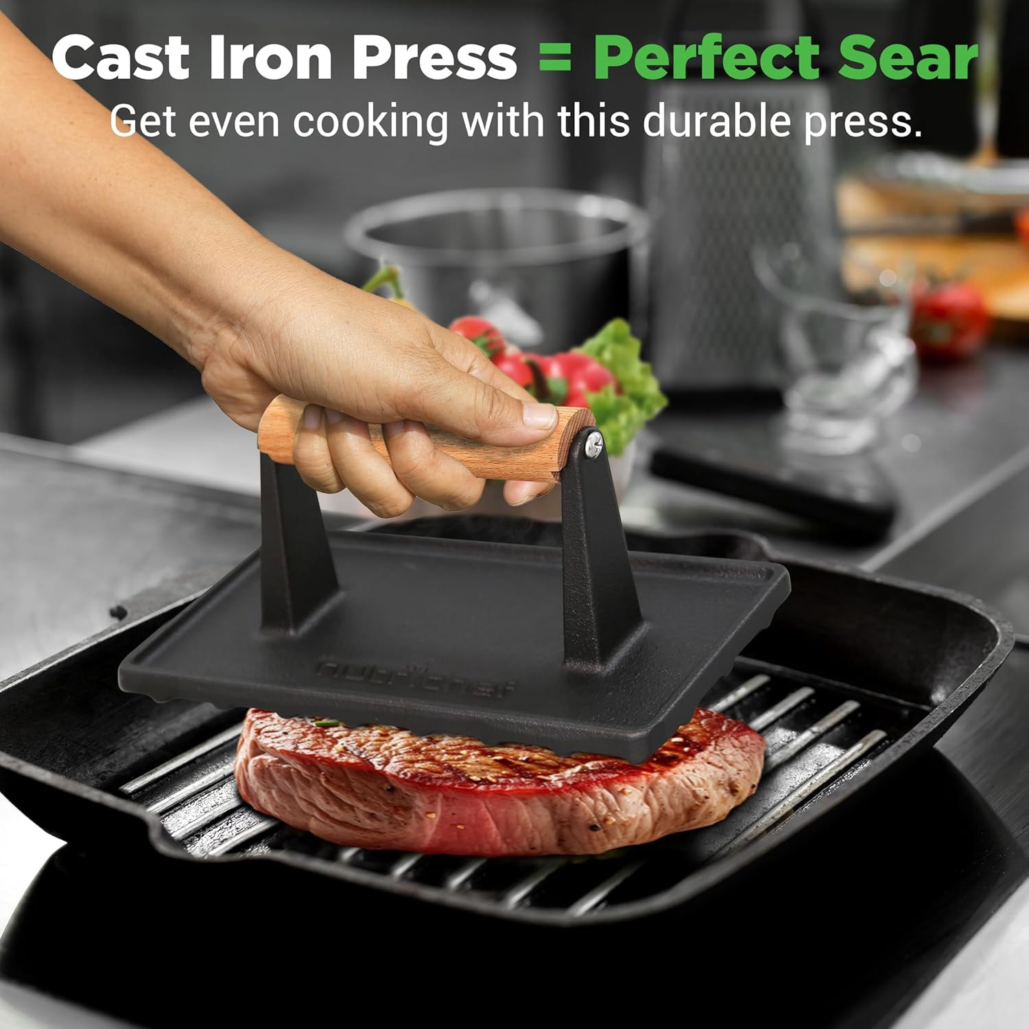 Cast Iron Grill Press, Heavy-Duty Smash Burger Press with Beech Wood Handle, Red gallery