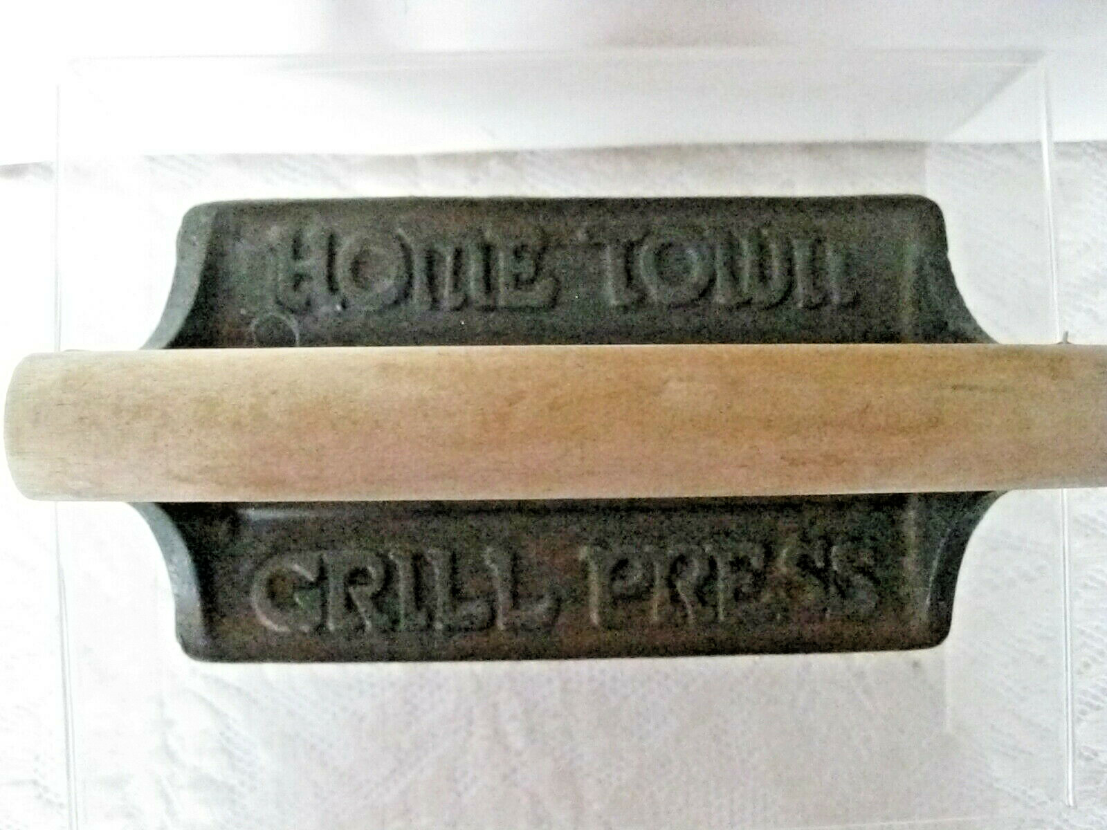 Vtg Cast Iron Bacon Press 4in x 7in Farm Pig Flowers Home Town Grill Press gallery