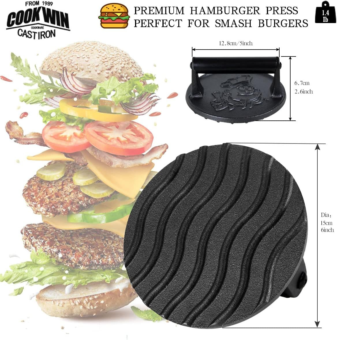COOKWIN 6" Cast Iron Smashed Burger Press Kit, Heavy-Duty Hamburger Smasher with gallery