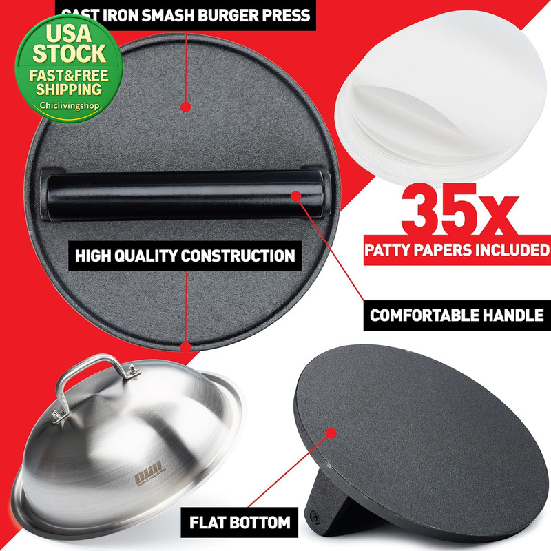 Smash Burger Press Kit 7 Inch Flat Bottom Cast Iron with 35 Pcs Patty Paper gallery