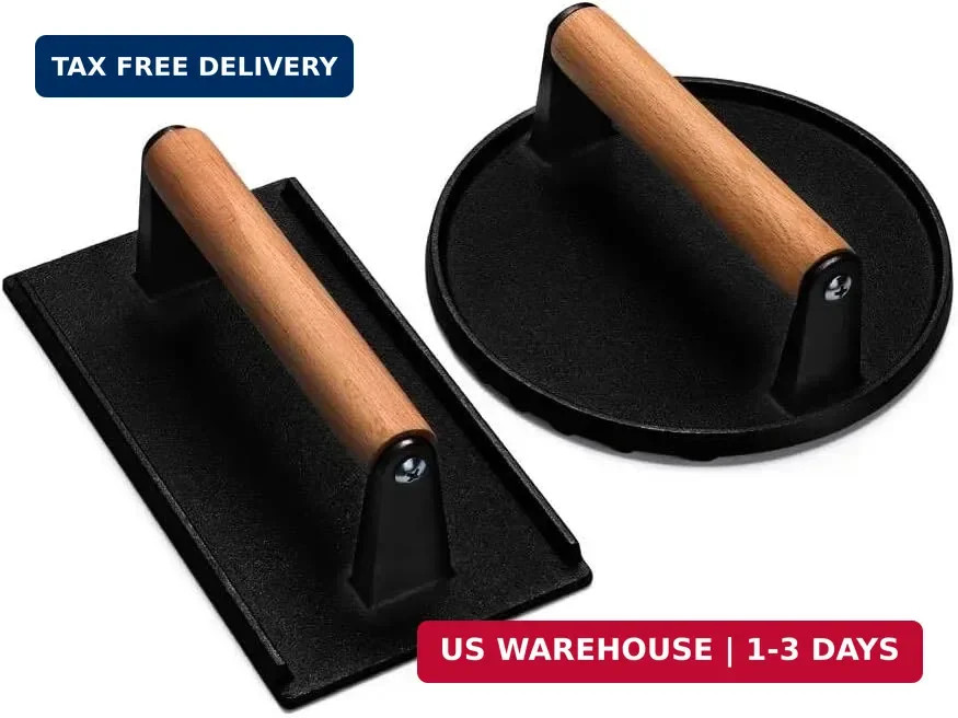 Burger Press, 7" Round & 8.2"X4.3" Rectangle Heavy-Duty Cast Iron Smash Bacon Pr gallery