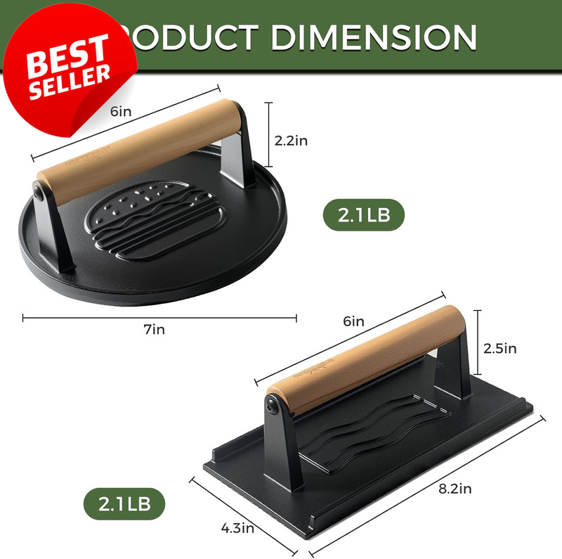 Cast Iron Burger Press Set 2PCS Round Rectangle Grill Bacon Meat Tool - US gallery