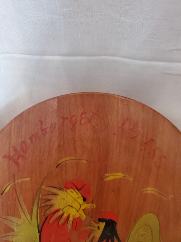 Vintage Japanese BURGER PRESS Hand Painted Hinged Wooden Red Green Roosters gallery