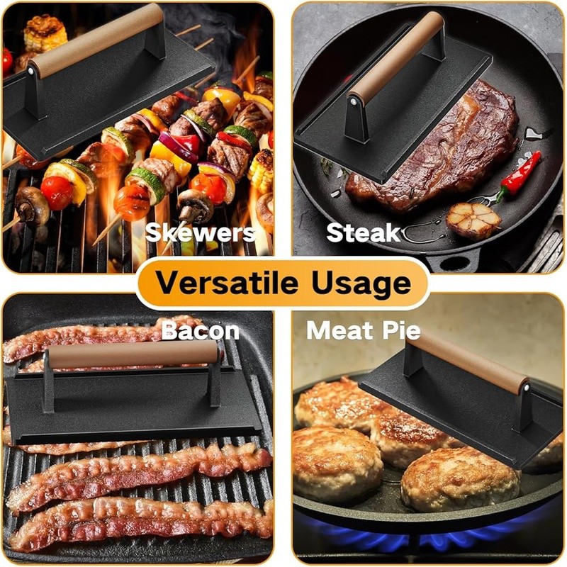 Heavy Duty Cast Iron Grill Press Bacon Steak Paninis Burgers Kitchen Tool New gallery