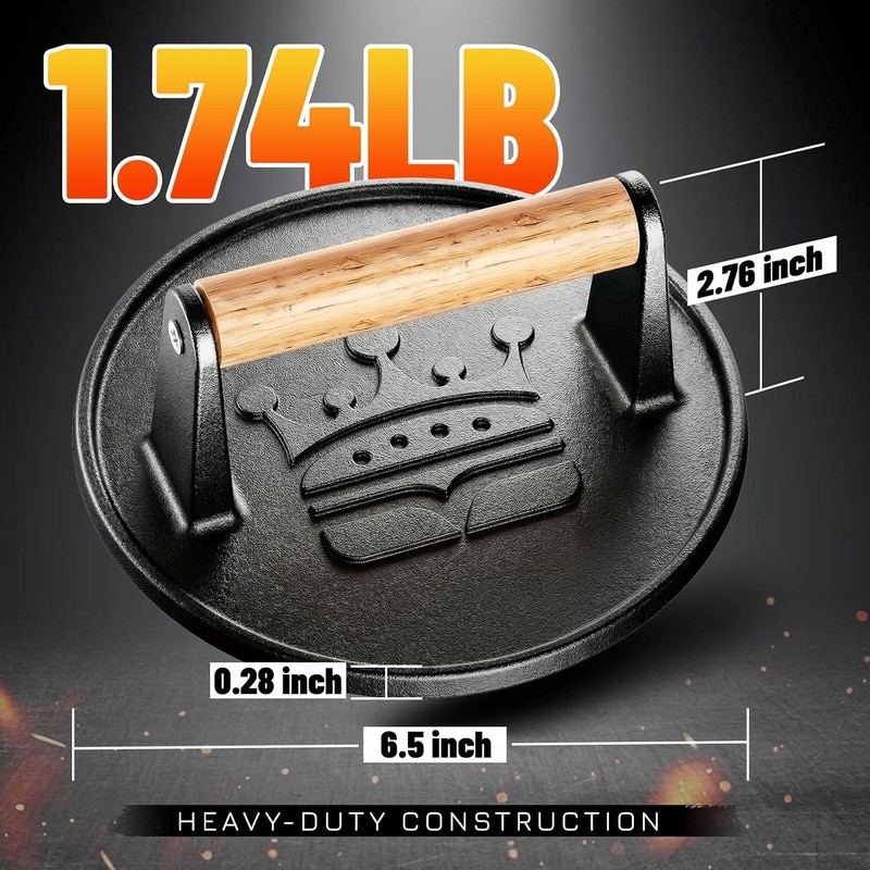 Smash Burger Press 6.5”,Cast Iron Flat Round Edge gallery