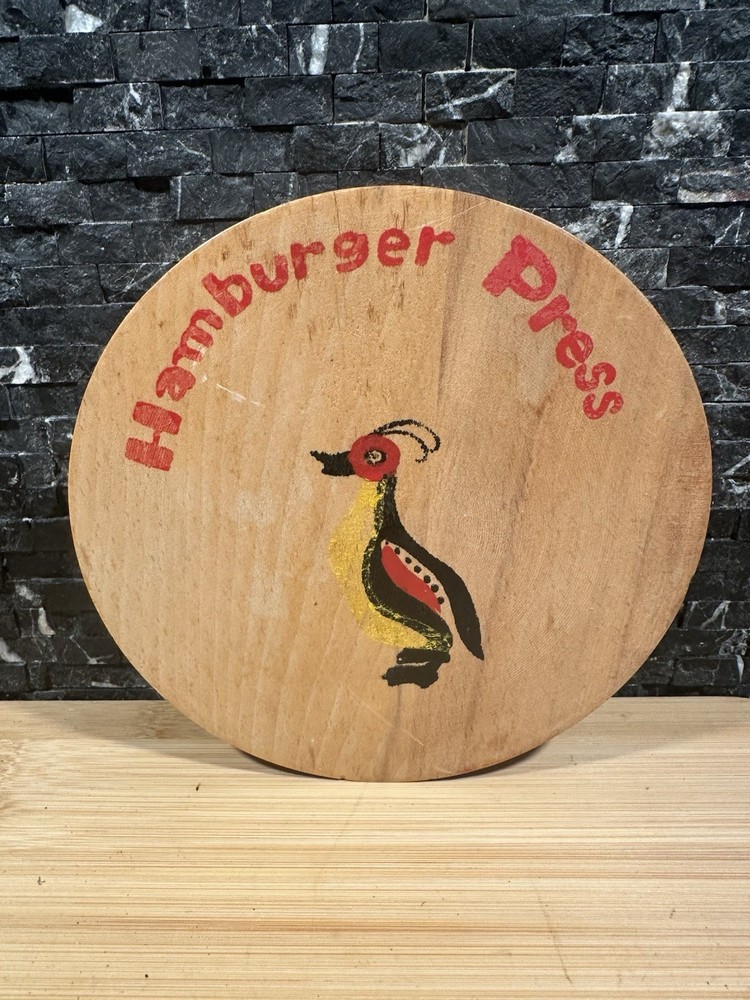 Vintage Wood Hamburger Press Hand Painted Quail Retro Kitchen Tool Wooden Decor
