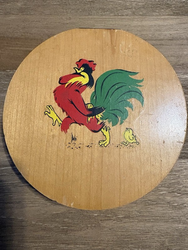 Vintage Wooden Wood Hamburger Patty Press Hand Painted Folk Art Chickens Rooster gallery