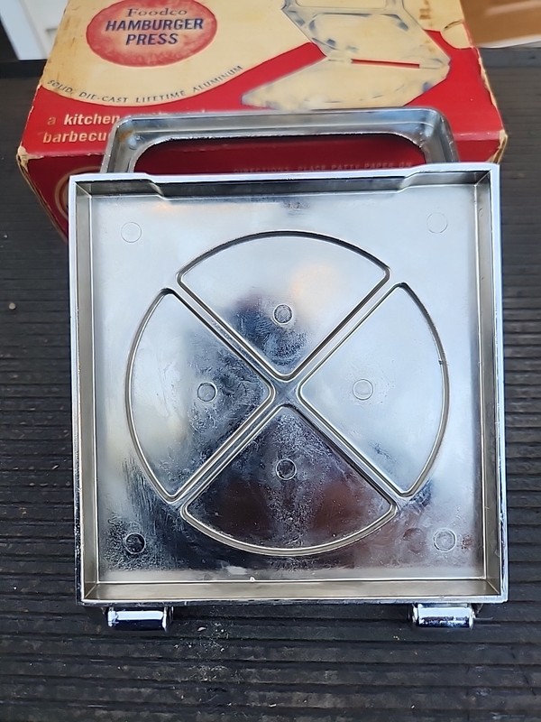 Vintage Foodco Hamburger Press in Original Box Die Cast Aluminum Kitchen Quip gallery