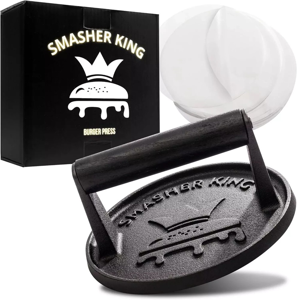 SMASHER KING™ - Premium Cast Iron Smash Burger Press incl. 25 pcs of Patty...