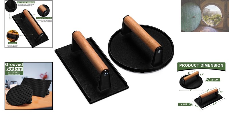 Heavy-Duty Cast Iron Burger Press with Comfort-Grip Handle for Perfect Grilling gallery