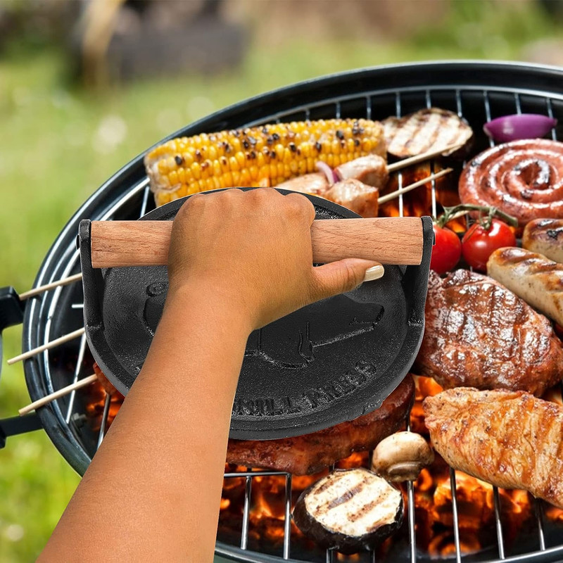 2 Pack Black Cast Iron Grill Press, 7 x7 Inch Round and 8 x 4 Inch Rectangle Hea gallery