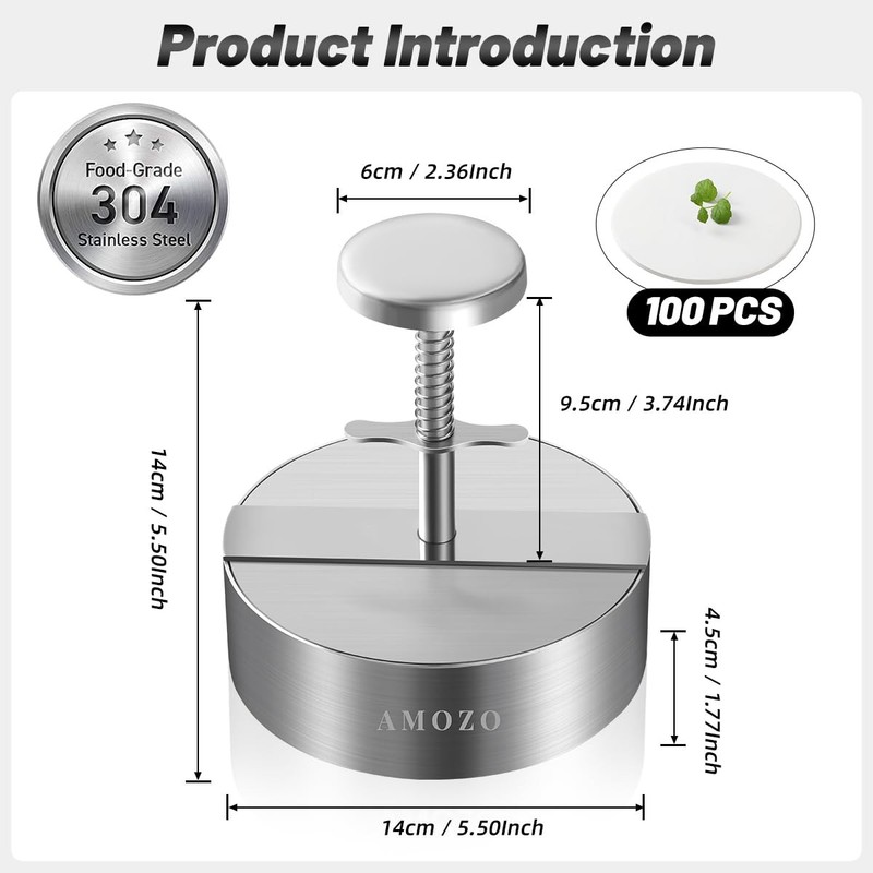 AMOZO Burger Press Patty Maker with 100-Sheet Baking Paper, 5.5 Inch, silvery gallery