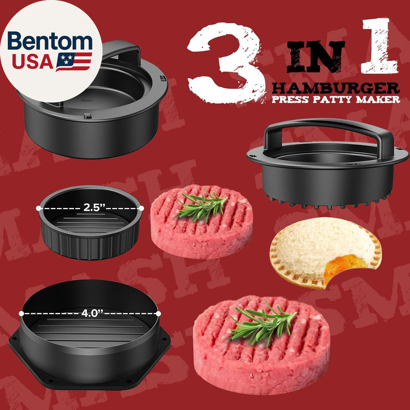 Smash Burger Press Kit, 3 in 1 Hamburger Press Patty Maker, Black Cast Iron Burg gallery