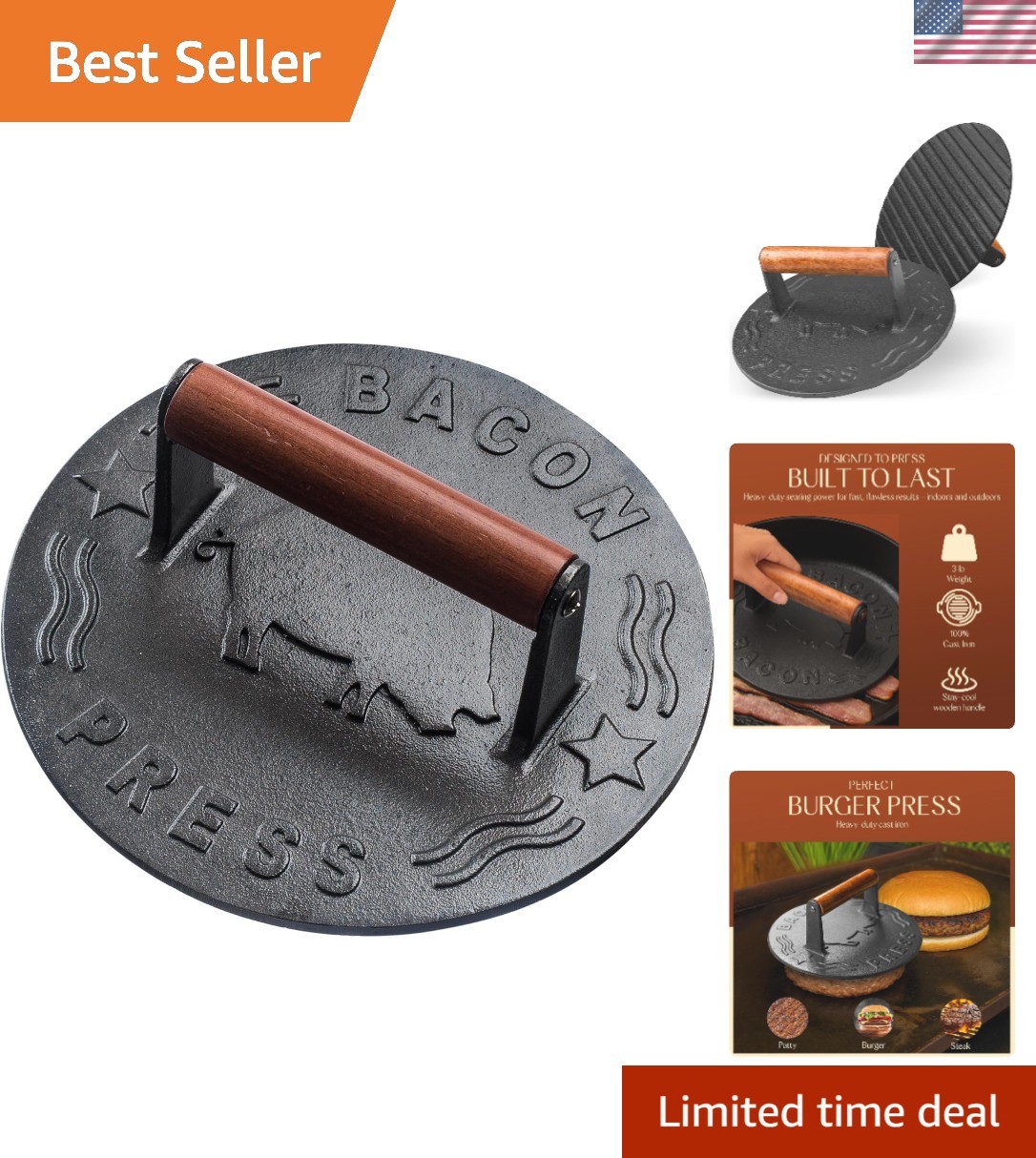 8.5 Inch Round Cast Iron Burger Press with Stay-Cool Handle - Grill Perfectly gallery