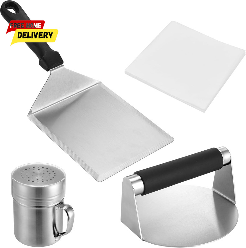 Smashed Burger Press Kit with Large Metal Spatula, Stainless Steel Press, Season gallery