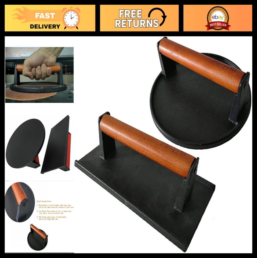 Heavy-Duty Cast Iron Burger Press Set - Round & Rectangle Meat Smash Tool with W