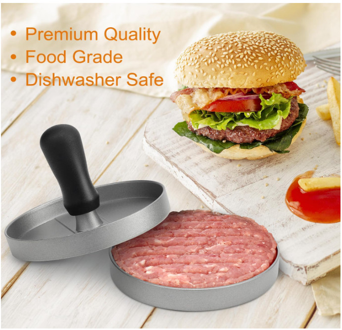 Prensa para hamburguesas de aluminio con 150 papeles antiadherentes para BBQ gallery