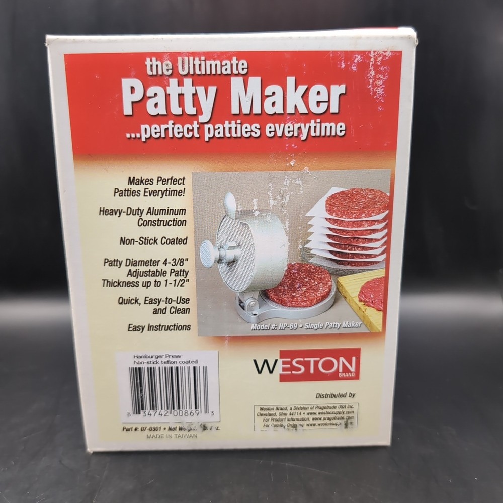 Weston Hamburger Press Aluminum Nonstick Adjust Thickness 4.325 in Patty New