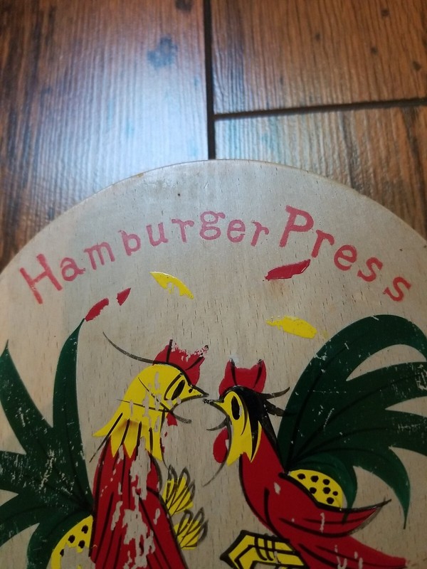 Vintage Fighting Rooster Hamburger Press Wooden Hand Painted Japan gallery