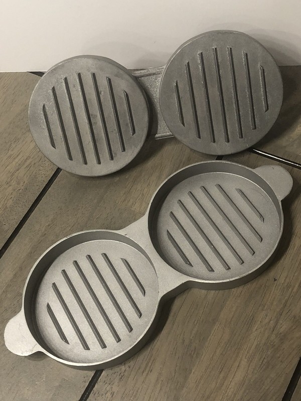 Vintage Double Patty Burger Press Mold Maker With Wooden Handle 4” Patty gallery