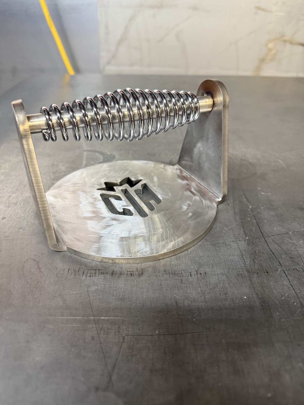 Metal Burger Press Single Spring Handle Silver & Black with CTM Logo gallery
