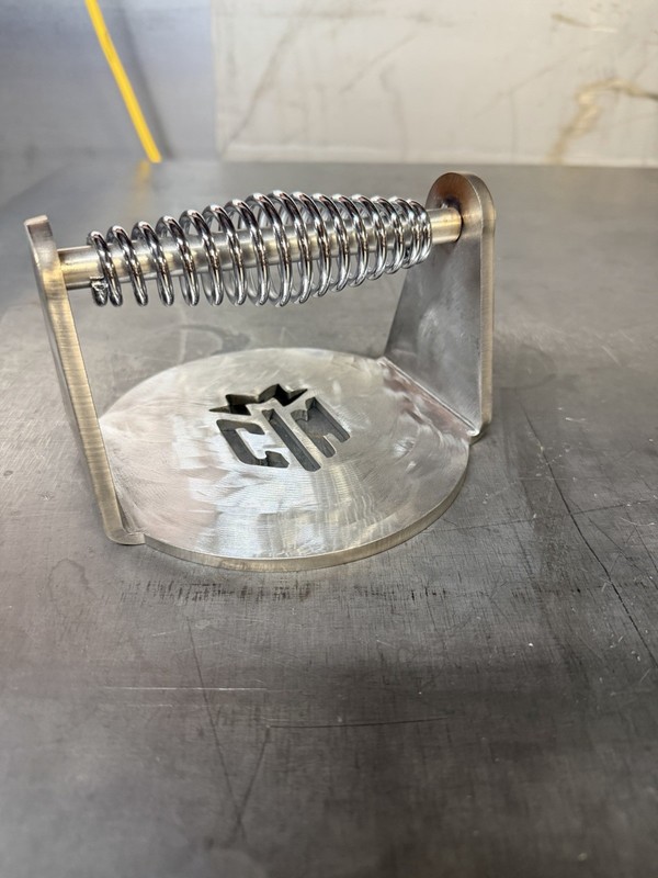 Metal Burger Press Single Spring Handle Silver & Black with CTM Logo gallery