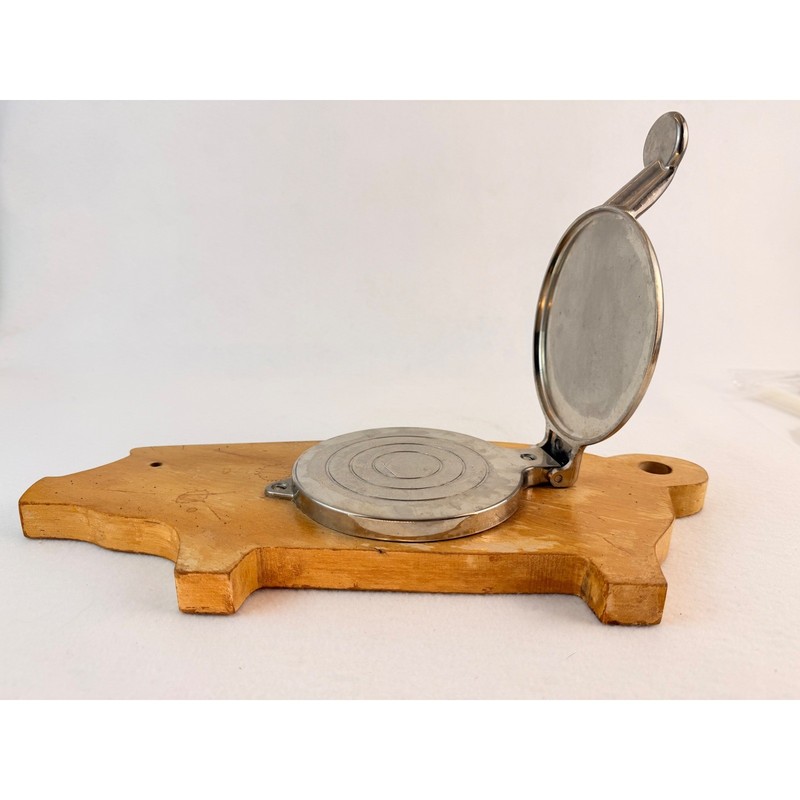 Vintage Pig Shaped Wooden Hamburger Patty Press Manual Metal Burger Maker Retro gallery
