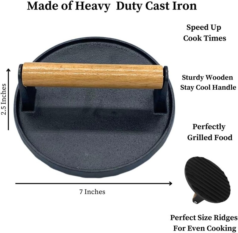 Pre-Seasoned Cast Iron Burger Smasher - Multi-Use Grill Press with Wood Handle gallery