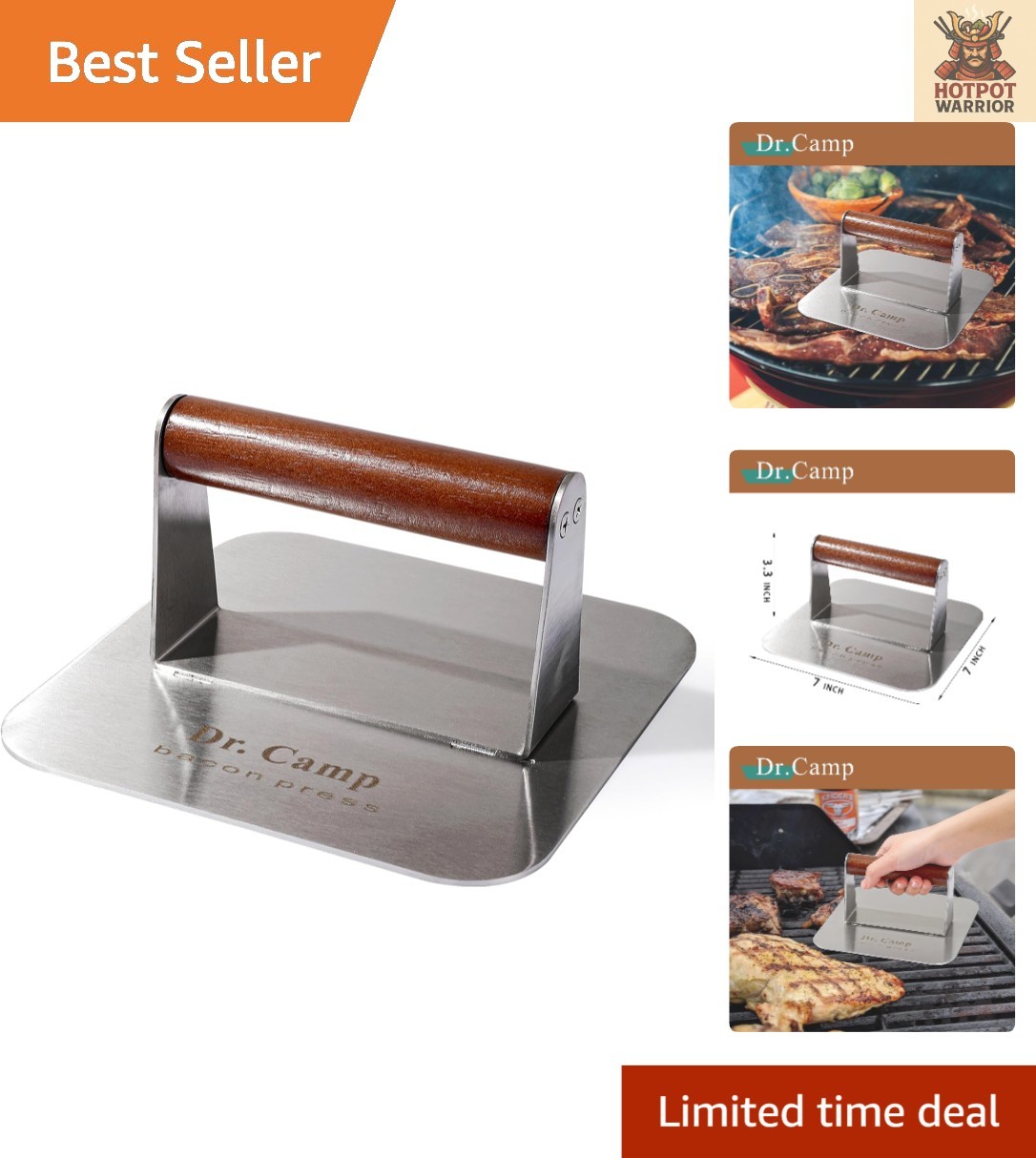 7-Inch Stainless Steel Burger Press with Ergonomic Wooden Handle - Perfect Sear gallery