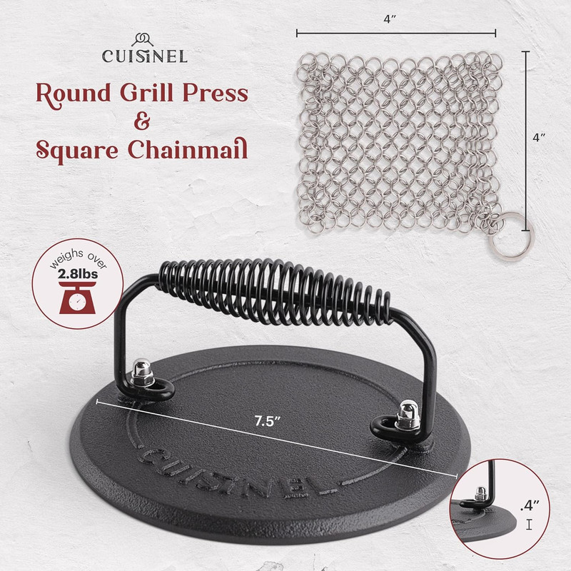 Grill Press + Chainmail Scrubber + Scraper - Cast Iron Burger, Bacon, Steak, Ham gallery