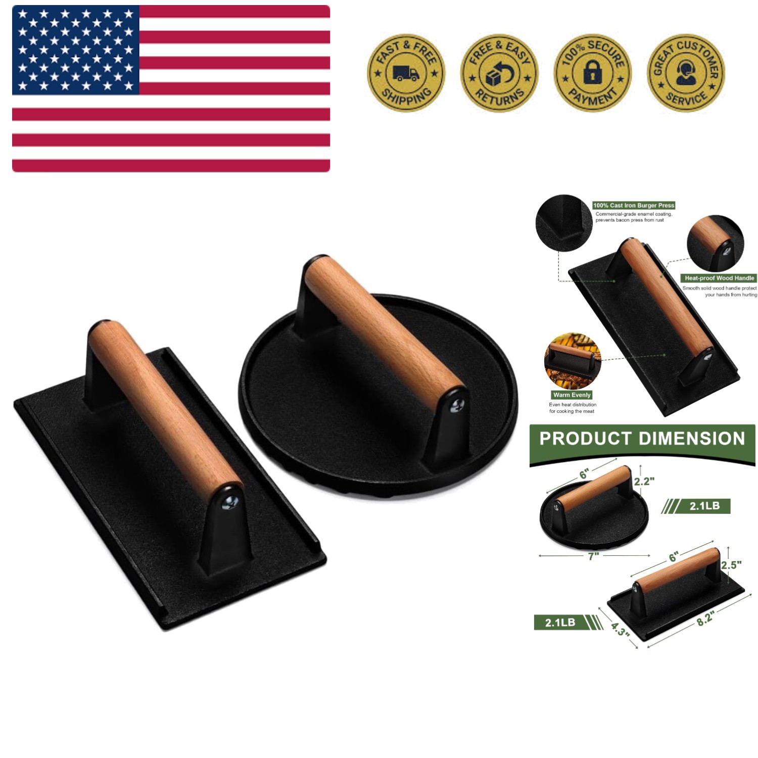 Burger Press, 7" Round & 8.2"X4.3" Rectangle Heavy-Duty Cast Iron Smash Bacon... gallery