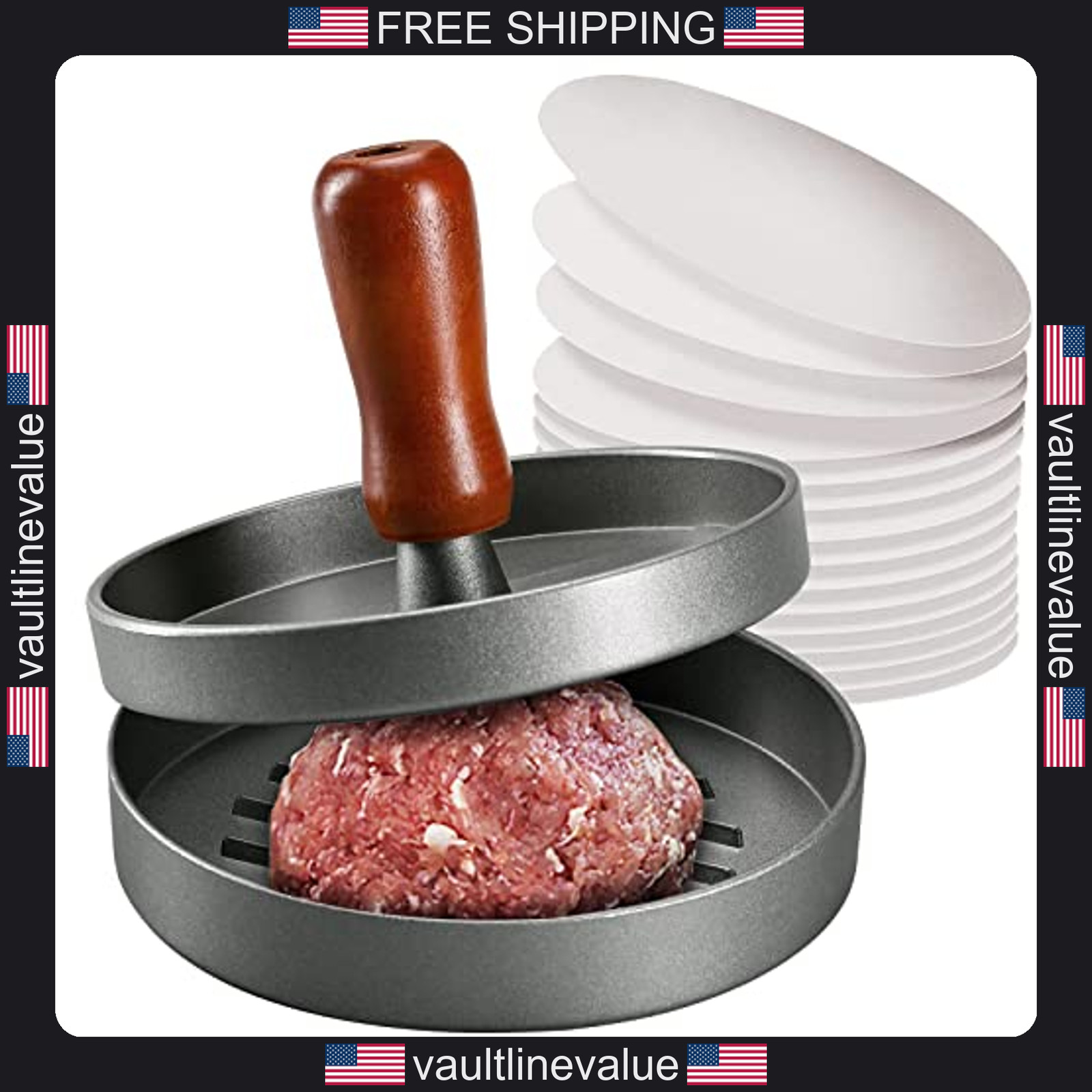 Piquebar burger press stainless steel patty maker with wood handle and 100 gallery