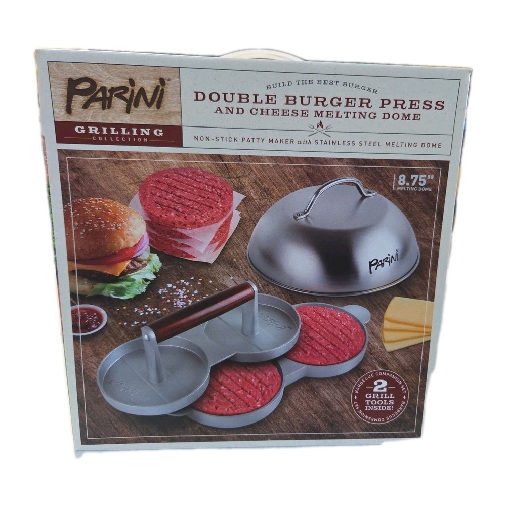 Parini Double Burger Press And Cheese Melting Dome 8.75" Non-Stick Grilling New