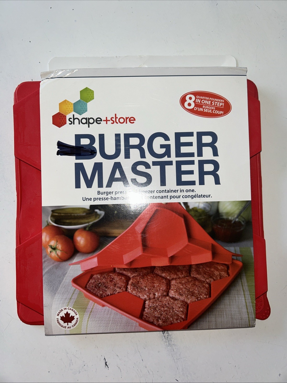 New Shape + Store Burger Master Hamburger Mold Storage Makes 8 1/4lb Burgers Red gallery